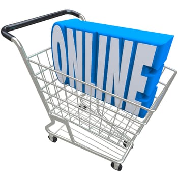 A shopping cart or basket with the word Online inside it to represent e-commerce, internet purchasing, or a web based store for ordering products and merchandise