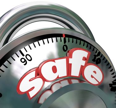 The word Safe on a shiny metal combination lock giving you peace of mind that your assets are protected and have security from risk