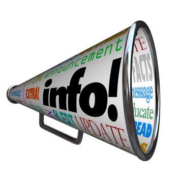 A megaphone or bullhorn featuring the word Info and many other words related to communication such as update, alert, message, news, facts and more