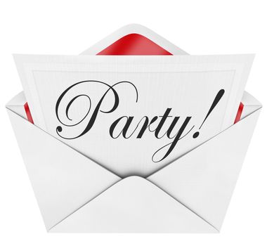 The word Party in script or cursive letters on a linen paper invitation coming out of an opened envelope, inviting you to a special event for a fun time