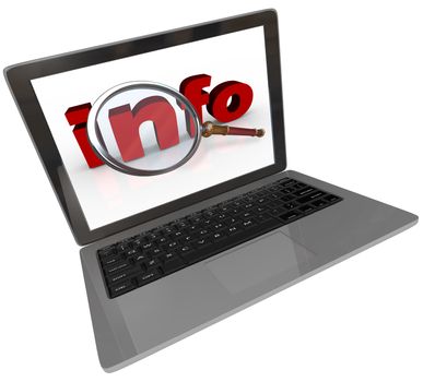 Using a laptop computer to search the Internet for information, with the display monitor showing a magnifying glass on the word Info to symbolize answers for your research