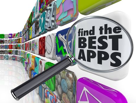 A magnifying glass over an app tile reading Find the Best Apps, helping you search and locate the top, most popular applications and software to buy and download on your smart phone or mobile computer