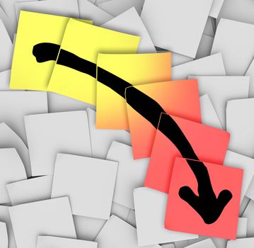 An arrow pointing downward drawn on yellow and red sticky notes, illustrating failure, negative movement, loss of money or assets and unsuccessful efforts