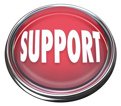 The word Support on a red round button for you to press and get answers to your questions or help in solving a problem or trouble