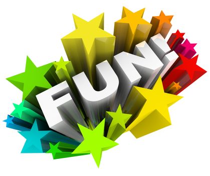 The word Fun in a burst of colorful stars representing an amusing, entertainment way to spend your time on something recreational or other form of play