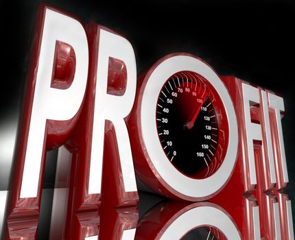 The word Profit with a speedometer in the letter O,  and a red needle racing higher to represent improving sales and increasing revenue