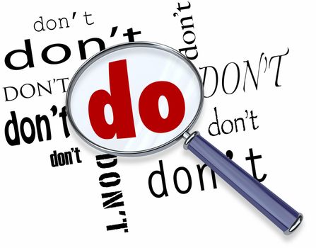 The word Do in big letters under a magnifying glass surrounded by the word Don't, representing commitment and dedication in believing in your abilities to perform a task or succeed in a goal