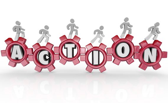 A team of people march on gears each featuring a letter of the word Action, representing forward momentum toward achieving a goal or success