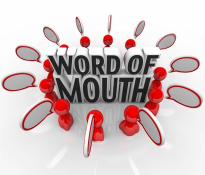 Several people in a circle with speech bubbles, centered around the words Word of Mouth, representing gossip, rumors, buzz, communication and sharing information