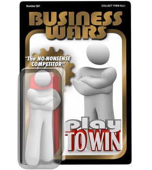 A dedicated worker, employee, manager or leader as an action figure in a package labeled Business Wars - The No-Nonsense Competitor, a dedicated and committed team player
