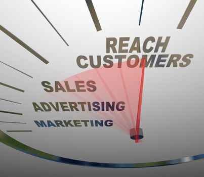 A speedometer with needle racing to the words Reach Customers, rising past the terms Advertising, Marketing and Sales to form a successful business plan for achieving growth 