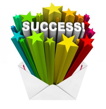 The word Success bursts in a shower of stars out of an envelope to tell you that you are approved, have succeeded, or are the winner of a competition or your application is accepted
