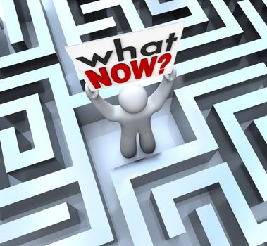 The words What Now asking the question for help or directions by a person lost in a mze and needing help to find the way out of a bad situation, stalled career, or other problem