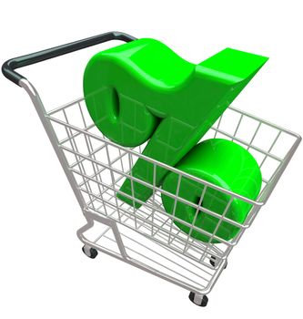 A green percent or percentage symbol in a shopping cart to represent comparison hunting for the best or lowest interest rate or inflation affecting prices for products you want to buy