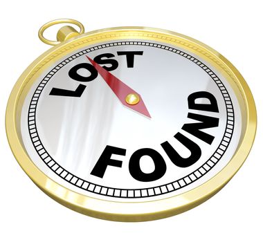 Lost and Found words on gold compass to find direction in your career or life to chart your course and search out success