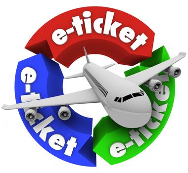 A jet airplane flying through a circular pattern of arrows featuring the word e-ticket to illustrate electronic ticketing for your flight travel