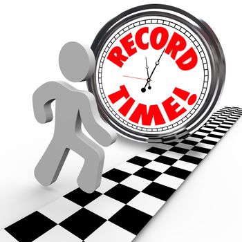 The words Record Time on a clock with a person reaching the finish line to achieve or accomplish a new personal best timing in completing a race or objective