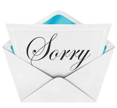 The handwritten, cursive word Sorry on an open envelope letter to express regret, concern, sympathy, remorse and sad feelings