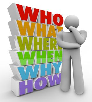 A thinking person stands beside many questions who, what, where, when, why and how to ponder the mysteries and uncertain answers troubling him