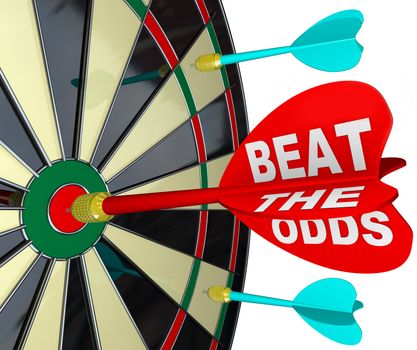 A red dart with the words Beat the Odds hits the bullseye on a dartboard to symbolize defying expectations and winning the game versus your competition