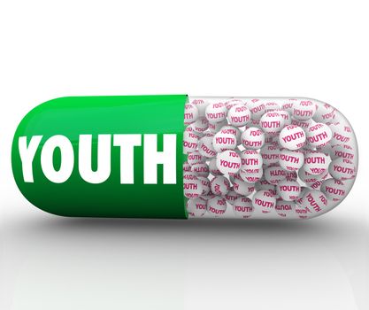 A green capsule pill with the word Youth to suggest you can reverse the aging process and be young instead of old with medication that makes you feel better and younger