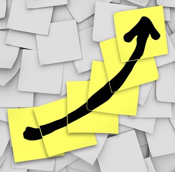 An arrow drawn on several yellow sticky notes to track your success or growth in improving or increasing your results as you work toward a succeeding in a goal or work project