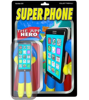 An action figure in a package for Super Phone, the App Hero who is the best smart cellphone available to buy on the market, meeting all your communication needs