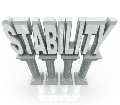 The word Stability on marble stone columns representing dependability strength, resilience, maturity and other features that you can rely on when in need of help