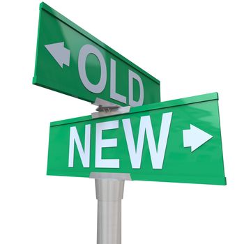 A green two-way street sign pointing to Old and New, letting you choose for something older or newer, deciding the benefits or advantage of youth or experience