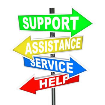 Many colorful arrow signs point to a solution to your problem, offering support, assistance, service and help to give advice in finding an answer to your trouble