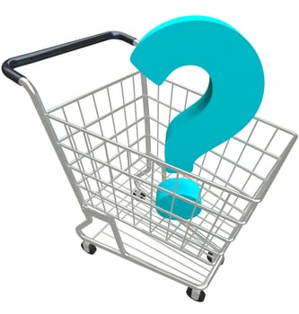 A blue question mark in a shopping cart asking for help customer service and support in buying merchandise from a seller or store