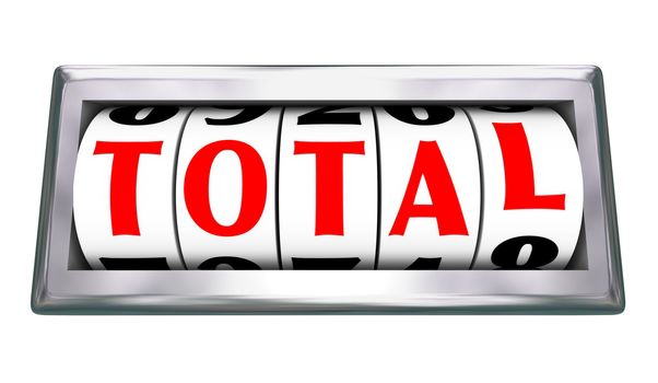 The letters in the word Total lining up on an odometer or slot wheels to show an ultimate number being added to measure money or other object