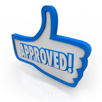A thumb's up symbol with blue word Approved inside it symbolizing acceptance, agreement, positive reaction or review