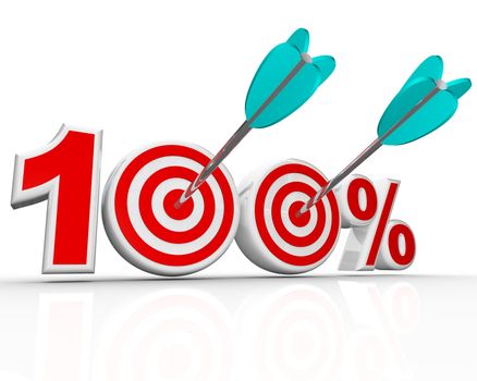 The number 100 percent with arrows shooting into the bulls-eye targets representing success in achieving your total goal, with perfection, aim, totality, full potential