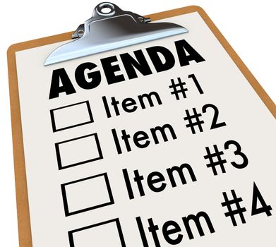 The word Agenda on a numbered list of things to do or cover, held on a clipboard, serving as a schedule for a meeting or gathering