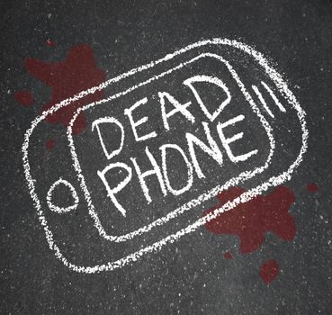A chalk outline of a dead phone on pavement with blood around it, symbolizing a smart cell phone that is damaged, cracked or broken, or an old telephone that needs to be replaced with a new model