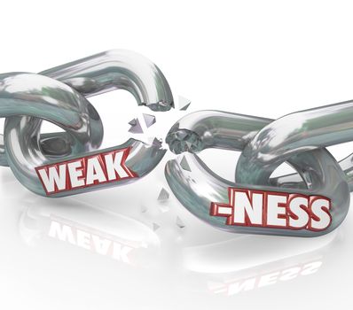 The word Weakness on breaking, weak chain links symbolizing a lack of strength and ability, being vulnerable to outside forces or illness, driving you and your group apart