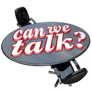 A conference table and the words Can We Talk asking if you would like help in a business or personal matter, a form of outreach or intervention for a problem