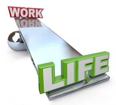 The words Work and Life on a see-saw balance scale, showing that you should give greater weight to your life and keep your working life, career and job in perspective