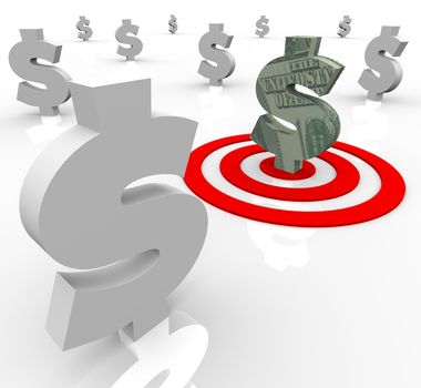 A green dollar sign on a red target bulls-eye to symbolize the best choice in banking or interest rates to earn more money and build your investment nest egg