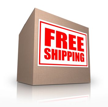 A cardboard box on an angle with a sticker reading Free Shipping telling you that you can ship your ordered merchandise or products for no extra cost from an online store or catalog