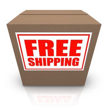 A brown cardboard box with a white sticker and red letters reading Free Shipping offering a special no cost shipment plan for your order of merchandise