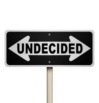 A road sign with the word Undecided and arrows pointing left and right to represent indecision and confusion in trying to reach a difficult decision