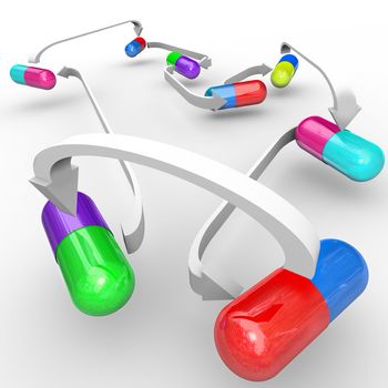 Several different colored capsules and pills are connected with arrows to show interactions of medicines taken together and possible side effects