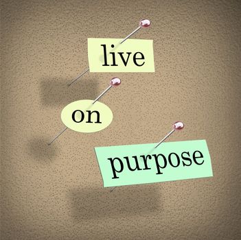 The words Live on Purpose cut out on pieces of paper and pinned to a bulletin board to remind you to live a determined, driven, purpose-filled life