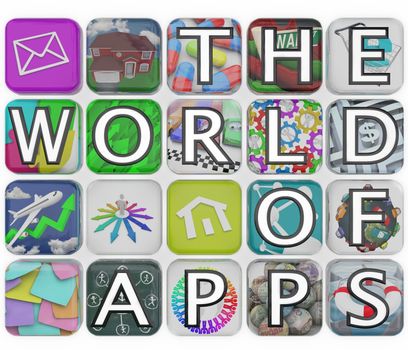 The words The World of Apps spelled out on application app tiles representing a variety of software choices for you to download to your smart phone, tablet computer or other mobile device