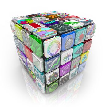 A 3D cube made of app tiles representing applications and software you can buy and download to your smart phone, tablet computer or other mobile device