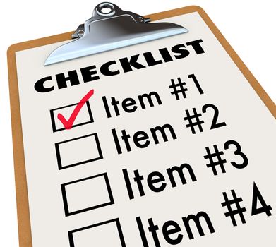 A checklist on a wood and metal clipboard with a check next to the first item, a list of things you have to do today - tasks, to-dos, chores or other items