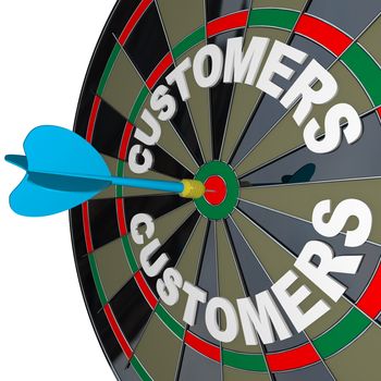 A blue dart hits a bulls-eye in the target on a dart board marked Customers to symbolize finding new buyers for your products or services