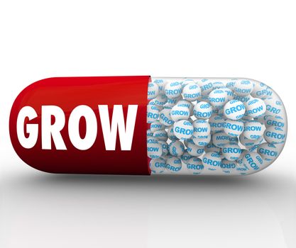 A red capsule pill with the word Grow to represent an instant solution to spur growth, change and improvement in a person or group with a goal to achieve
